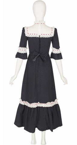 1970s Polka-Dot Cotton Eyelet Ruffle Prairie Dress