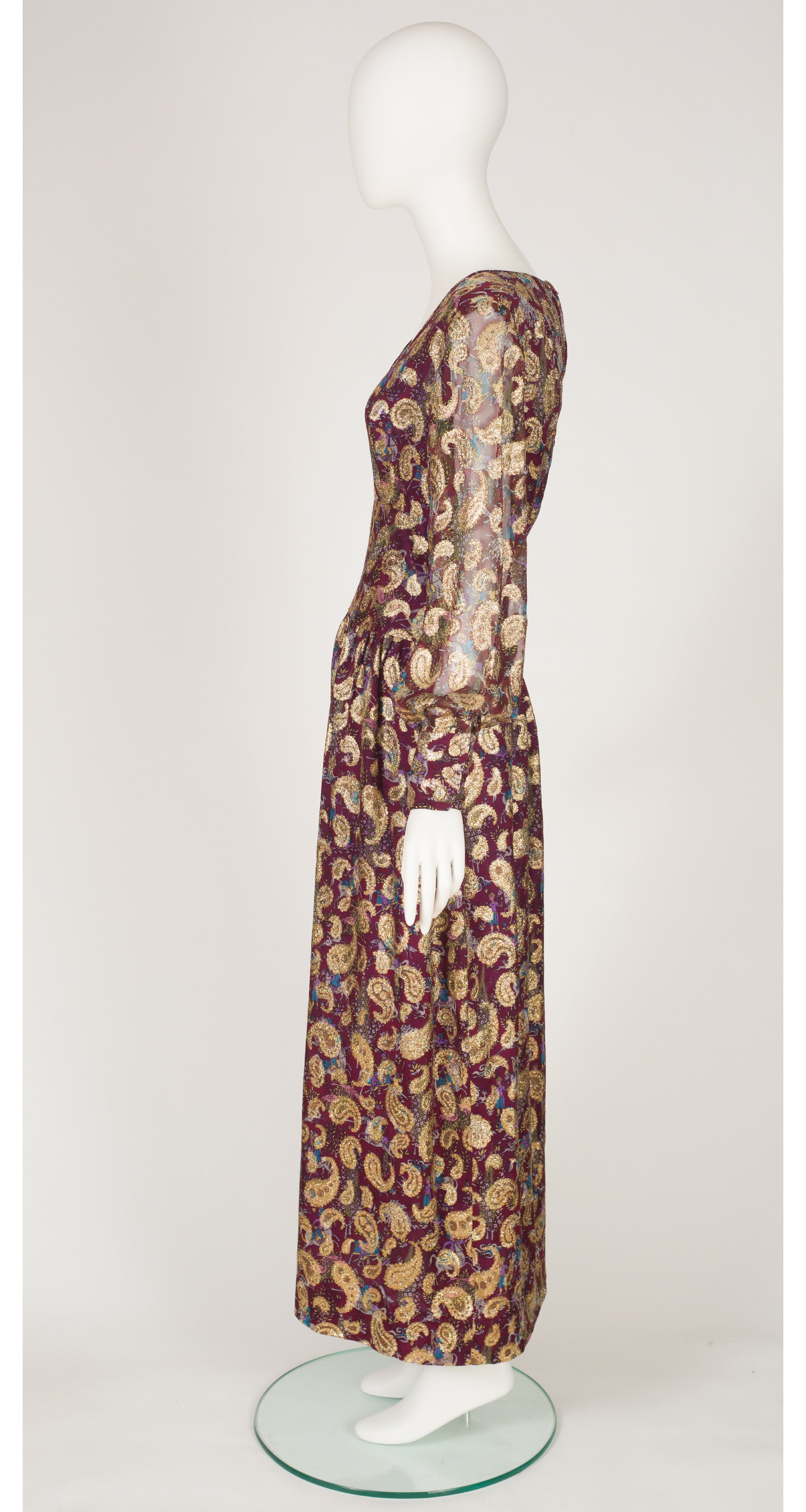 1960s Novelty Print Paisley Lurex Silk Chiffon Evening Dress