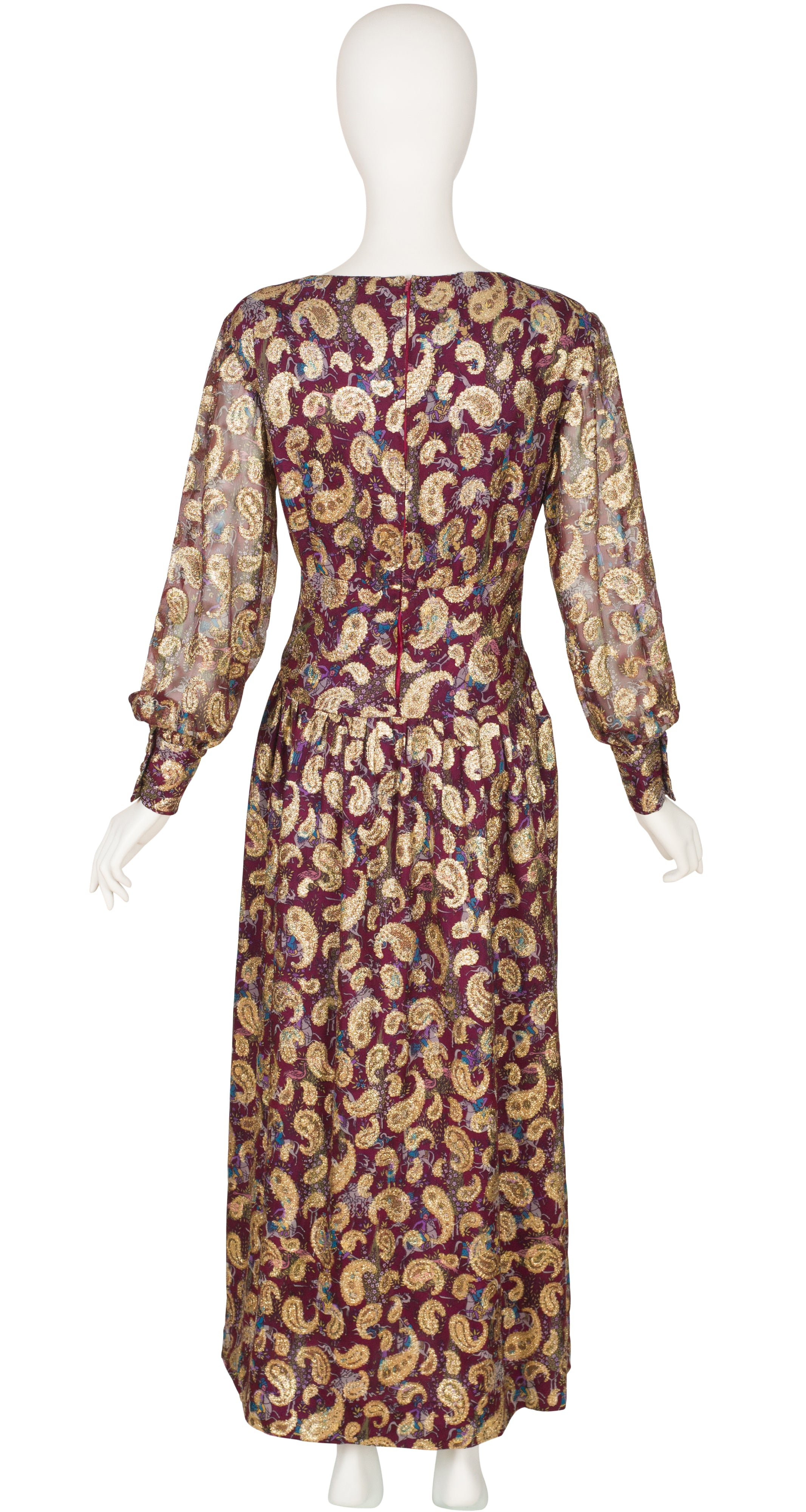 1960s Novelty Print Paisley Lurex Silk Chiffon Evening Dress
