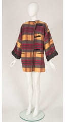 1970s Plaid Floral Lined Toggle Blanket Coat