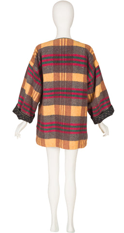 1970s Plaid Floral Lined Toggle Blanket Coat