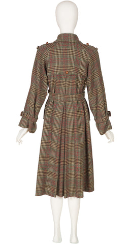 1970s Plaid Wool Rounded Shoulder Trench Coat