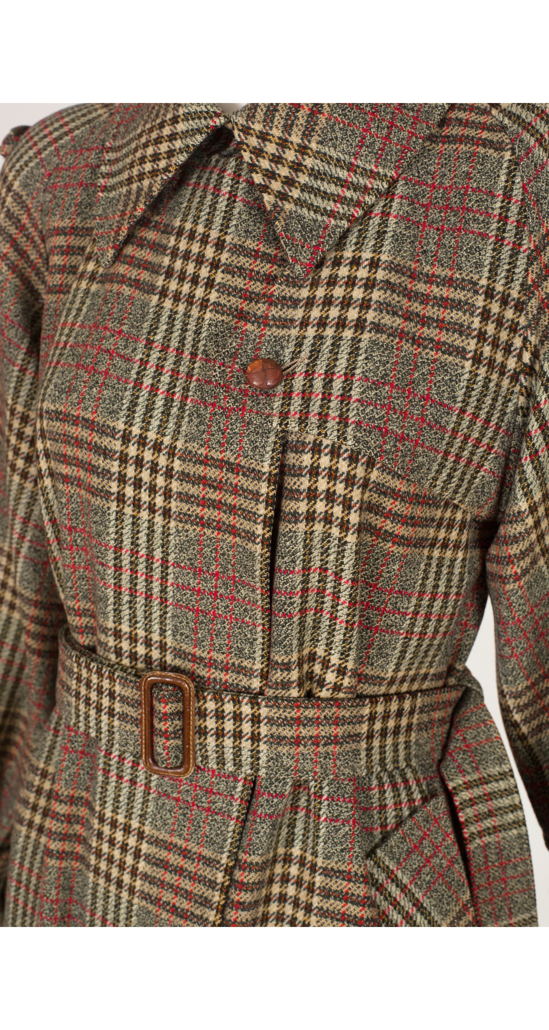 1970s Plaid Wool Rounded Shoulder Trench Coat
