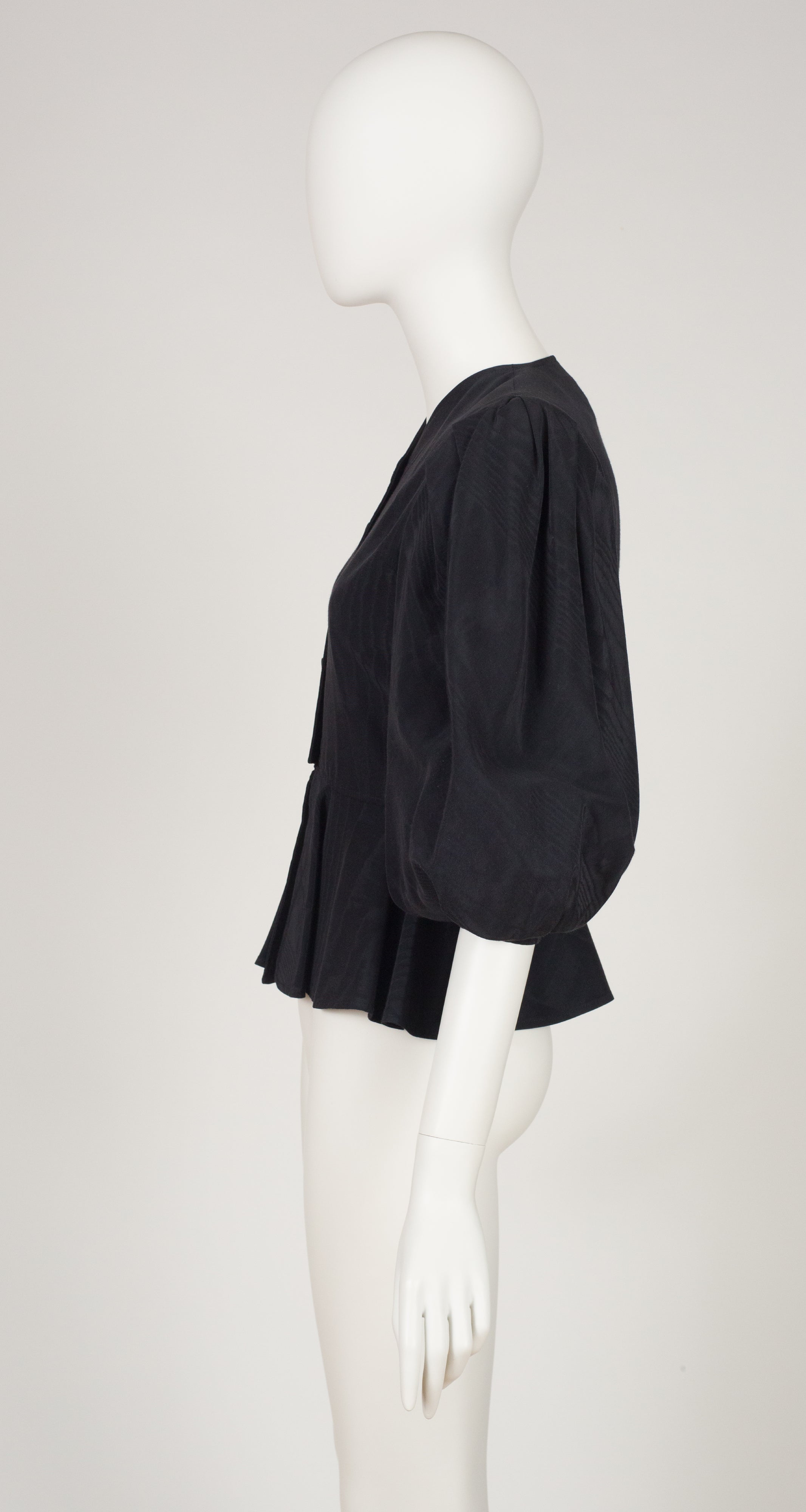 1980s Black Moiré Puff Sleeve Peplum Jacket