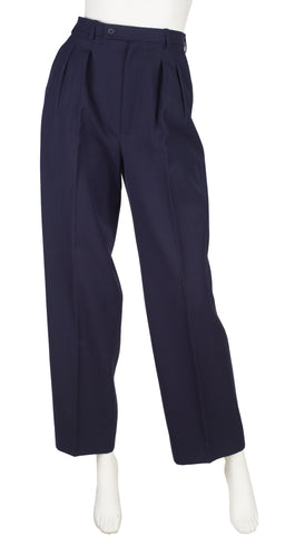 1980s Navy Wool Pleated Straight-Leg Trousers