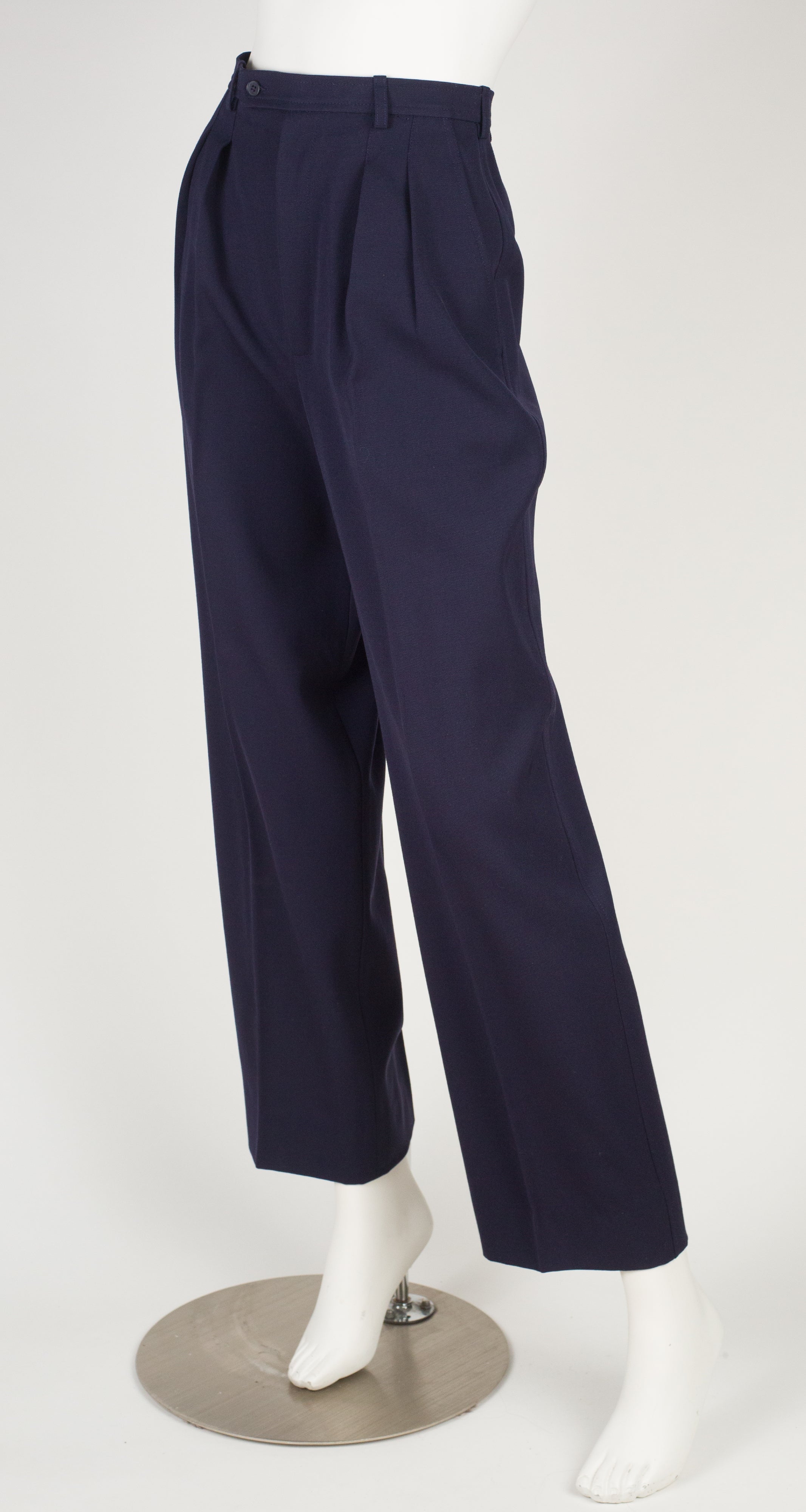 1980s Navy Wool Pleated Straight-Leg Trousers