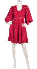 1970s Red Floral Billowing Sleeve Dress