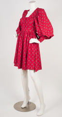 1970s Red Floral Billowing Sleeve Dress