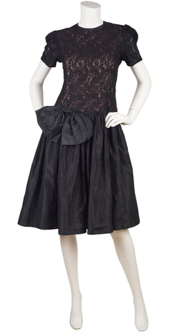 1980s Black Lace & Silk Taffeta Party Dress