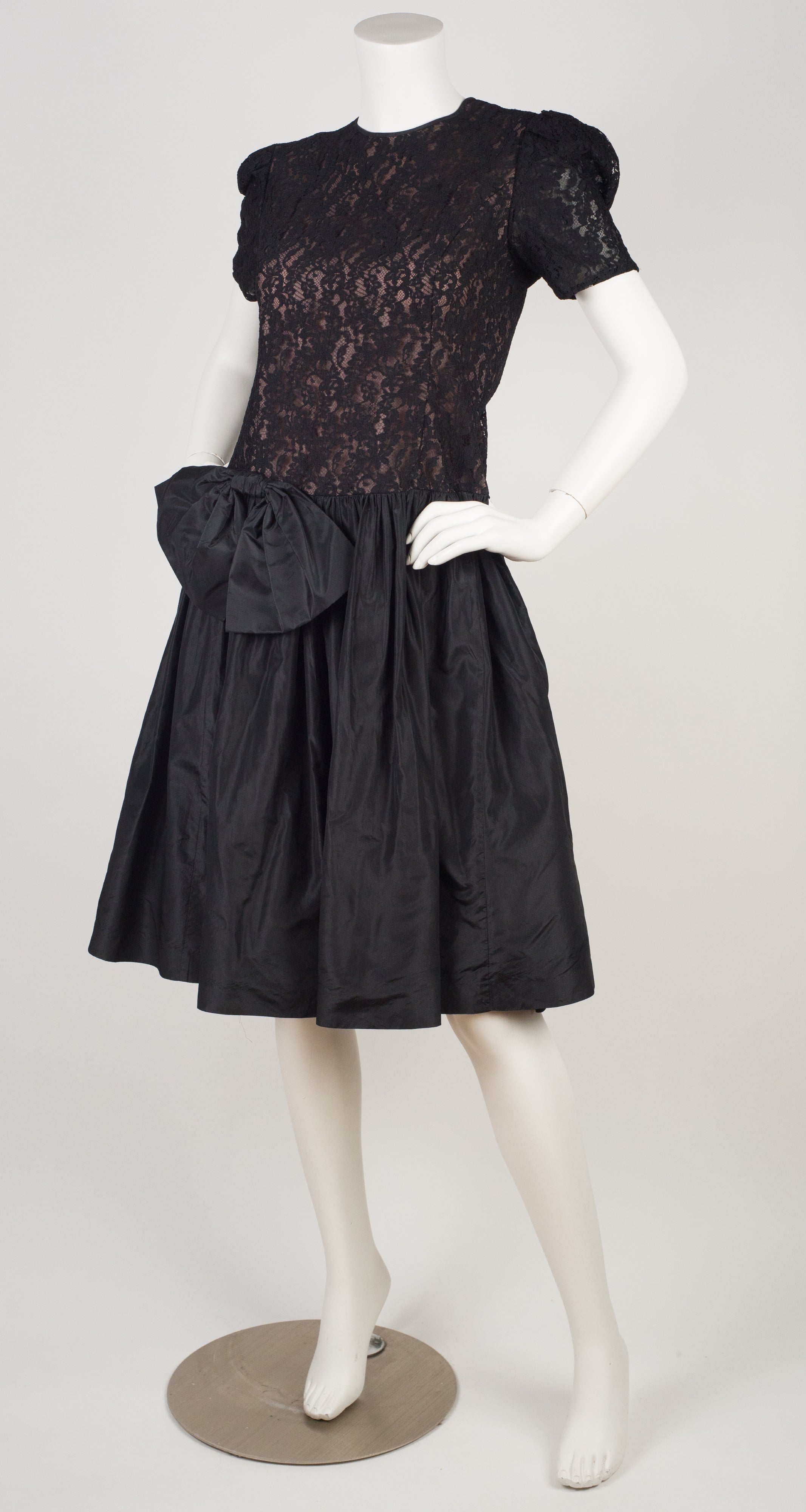 1980s Black Lace & Silk Taffeta Party Dress
