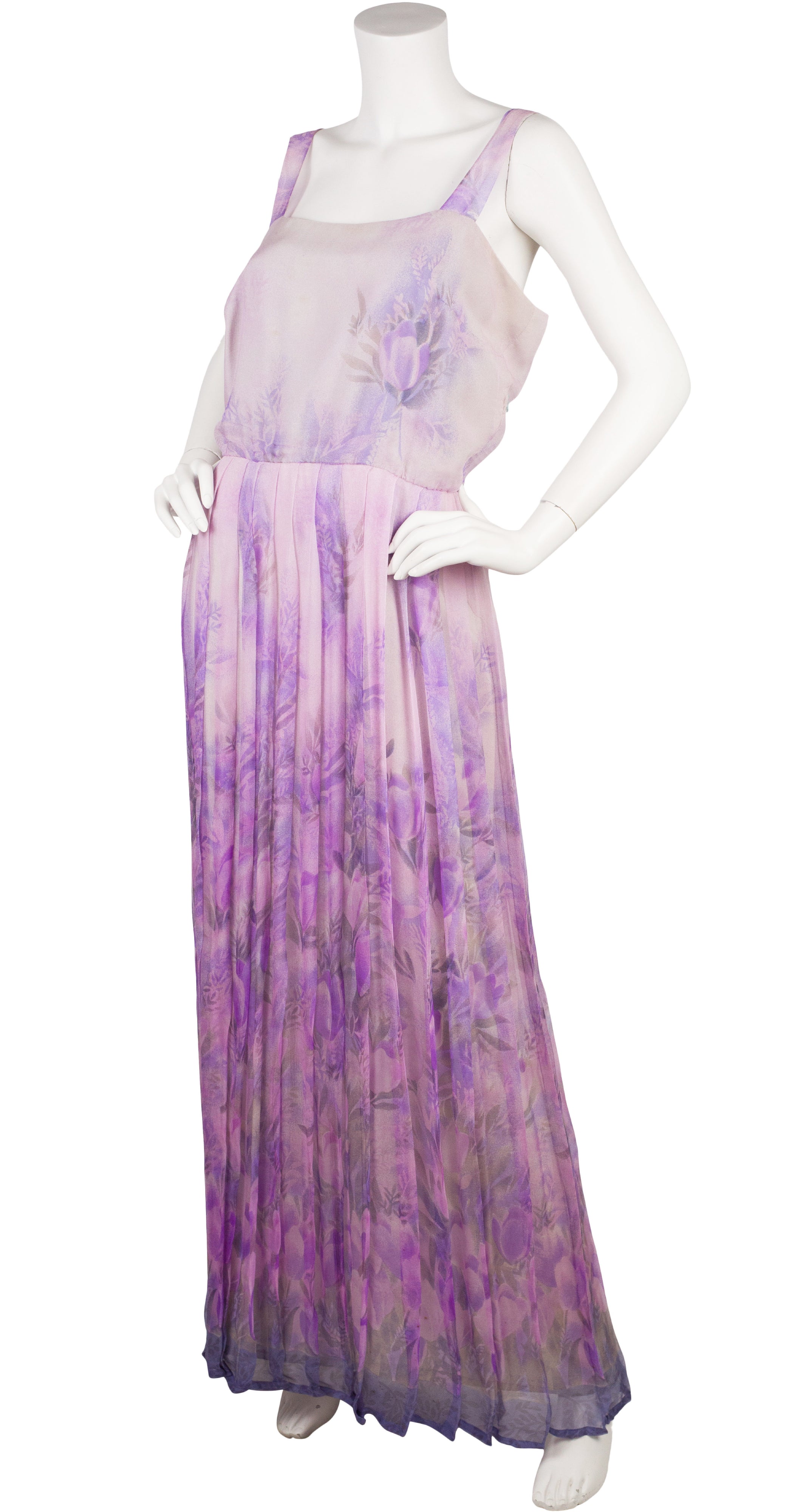 1970s Couture Purple Floral Silk Chiffon Pleated Gown Set