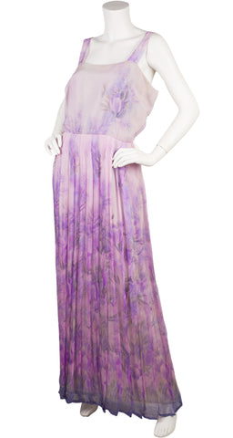 1970s Couture Purple Floral Silk Chiffon Pleated Gown Set