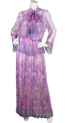 1970s Couture Purple Floral Silk Chiffon Pleated Gown Set
