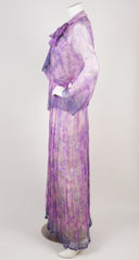 1970s Couture Purple Floral Silk Chiffon Pleated Gown Set