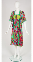 1970s Floral Mixed Print Lace-Up Tassel Bib Dress