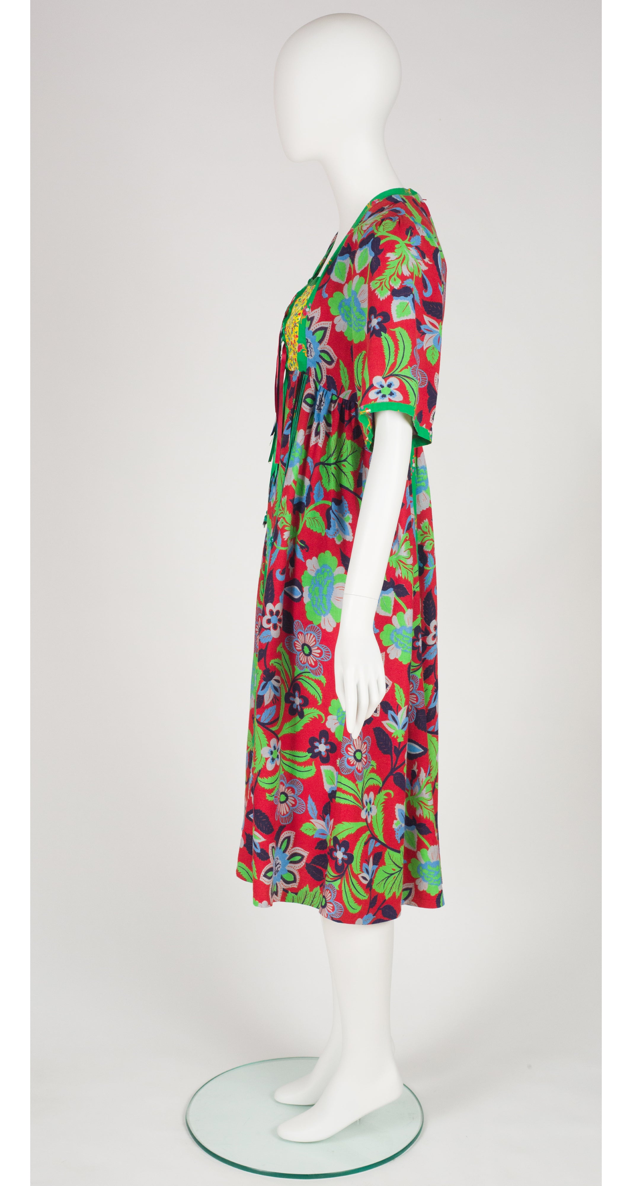 1970s Floral Mixed Print Lace-Up Tassel Bib Dress
