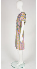 1970s Floral Striped Mauve Silk Dress