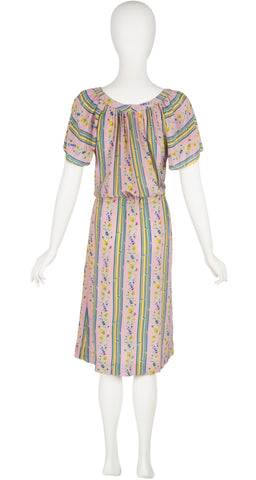 1970s Floral Striped Mauve Silk Dress