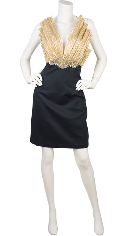 1980s Beaded Gold Lamé Fan Bust Cocktail Dress