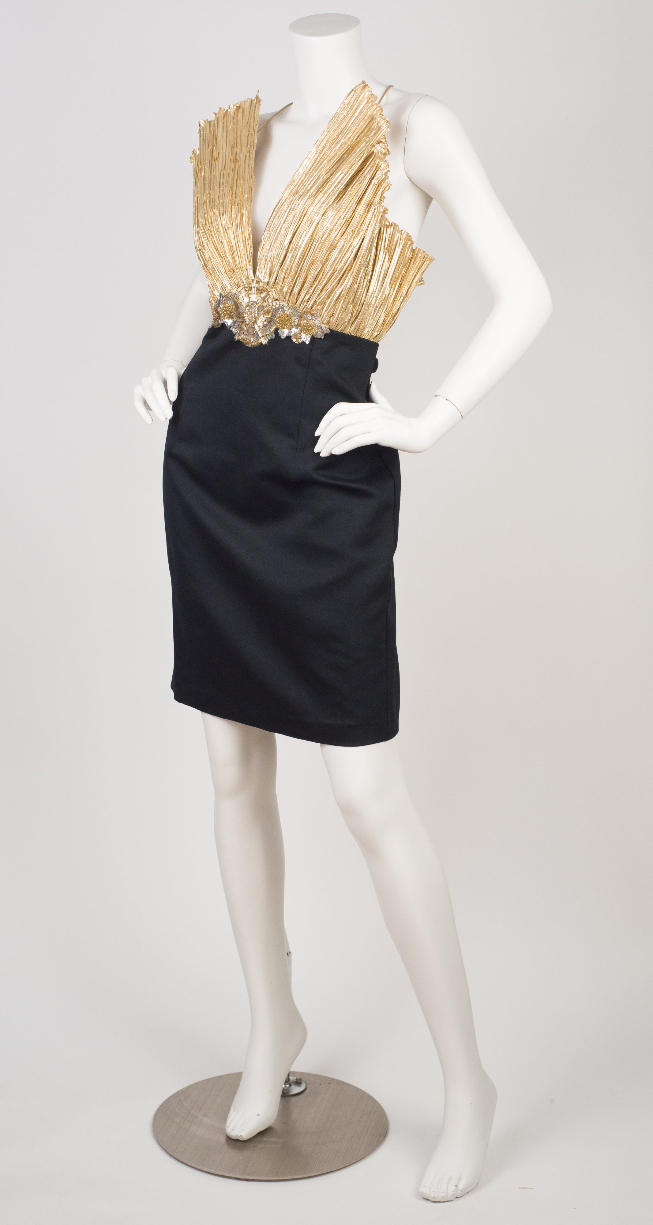 A.J. Bari 1980s Beaded Gold Lam Fan Bust Cocktail Dress Featherstone Vintage A.J. Bari 1980s Beaded Gold Lam Fan Bust Cocktail Dress Featherstone Vintage