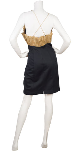 1980s Beaded Gold Lamé Fan Bust Cocktail Dress