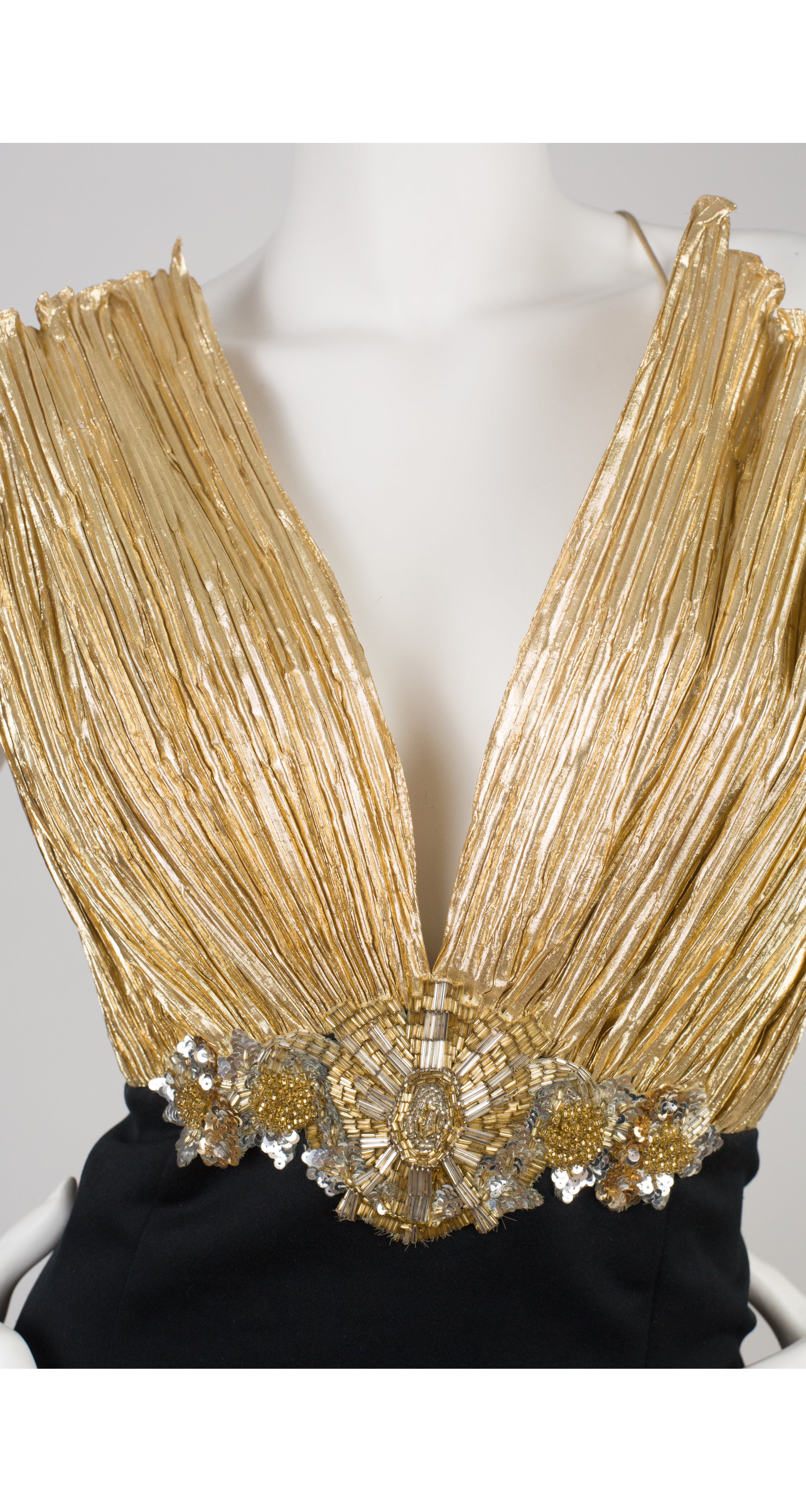 1980s Beaded Gold Lamé Fan Bust Cocktail Dress