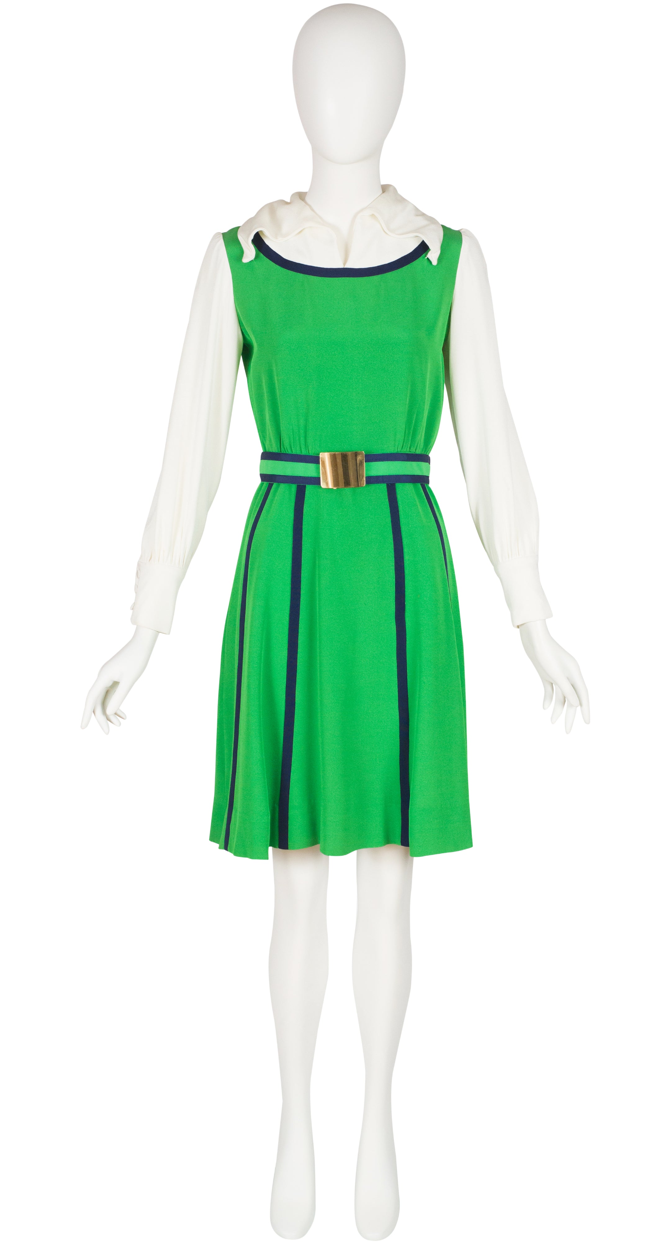 1960s Mod Green & White Collared Dress