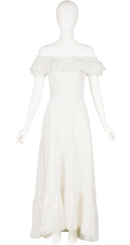 1970s White Eyelet Cotton Ruffle Off-Shoulder Bridal Gown
