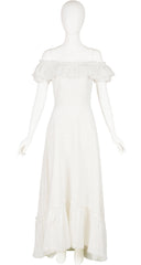 1970s White Eyelet Cotton Ruffle Off-Shoulder Bridal Gown