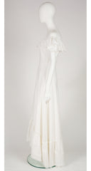 1970s White Eyelet Cotton Ruffle Off-Shoulder Bridal Gown