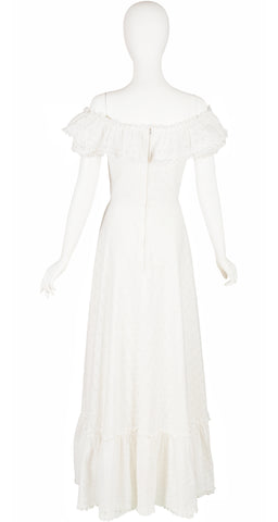 1970s White Eyelet Cotton Ruffle Off-Shoulder Bridal Gown