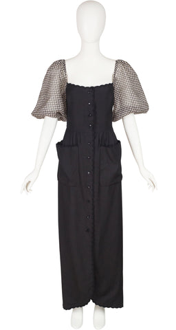 1970s Black & White Polka-Dot Puff Sleeve Dress