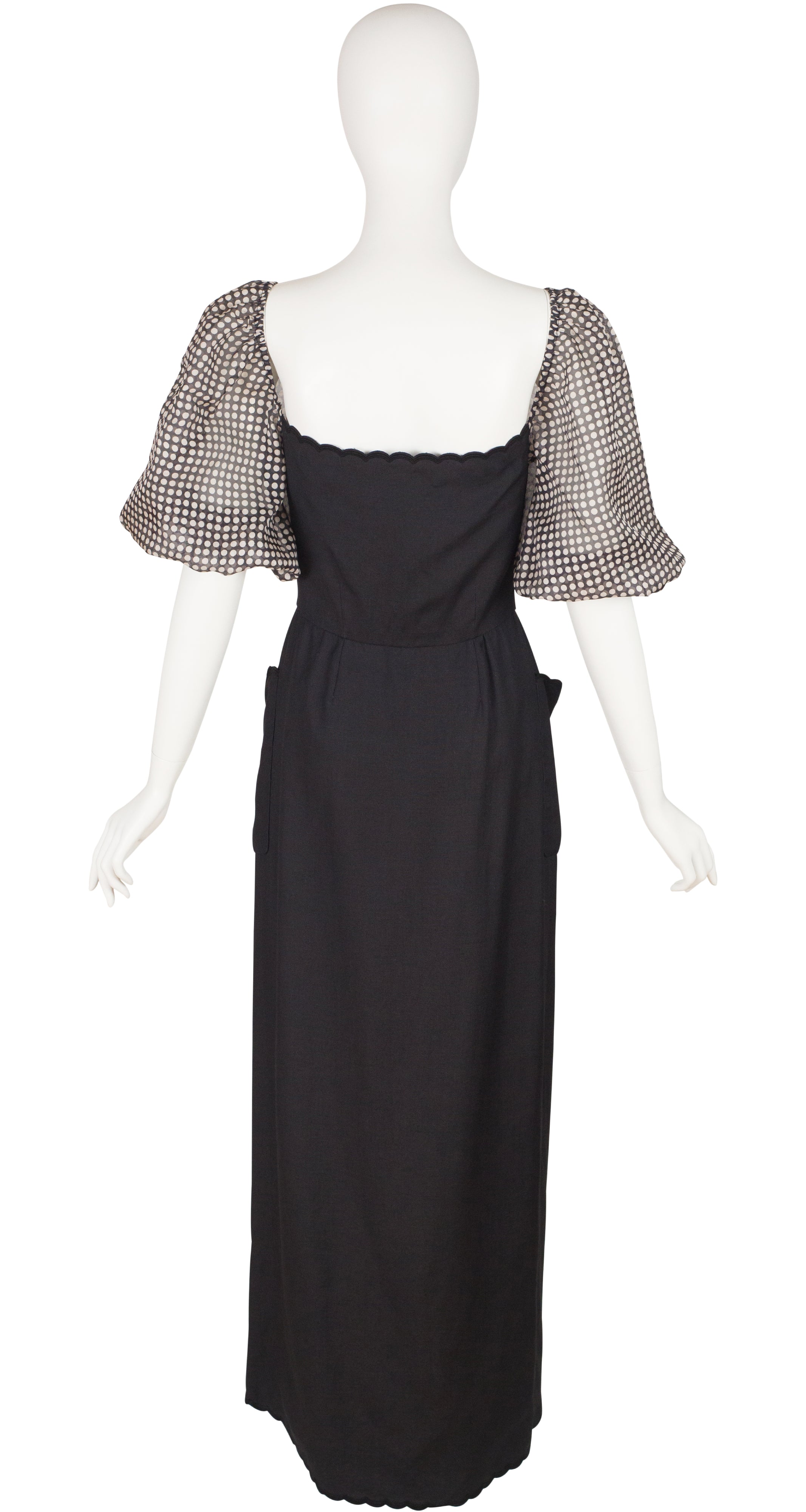 1970s Black & White Polka-Dot Puff Sleeve Dress