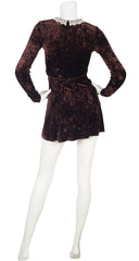 1990s Brown Velour Crochet Collar Mini Dress