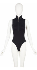 2000s Black Cotton High Collar Zip-Up Bodysuit