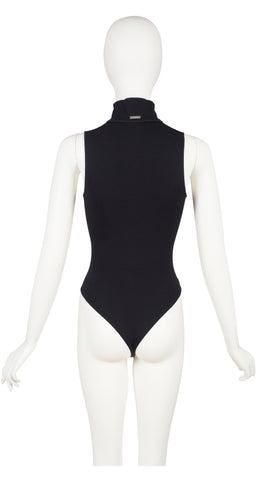 2000s Black Cotton High Collar Zip-Up Bodysuit