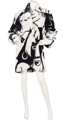 1980s Face Print Black & White Faux Fur Coat