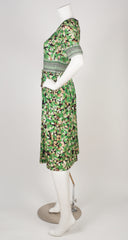 1970s Green Floral Jersey Short Sleeve Dress