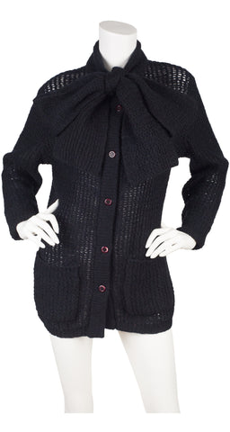 1970s Black Mohair Tie-Neck Cardigan