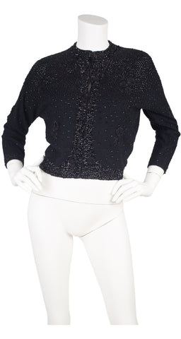 1960s Black Hand Beaded Angora Cardigan