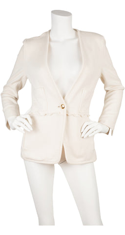 1990s Ruffle Cream Wool Jersey Blazer