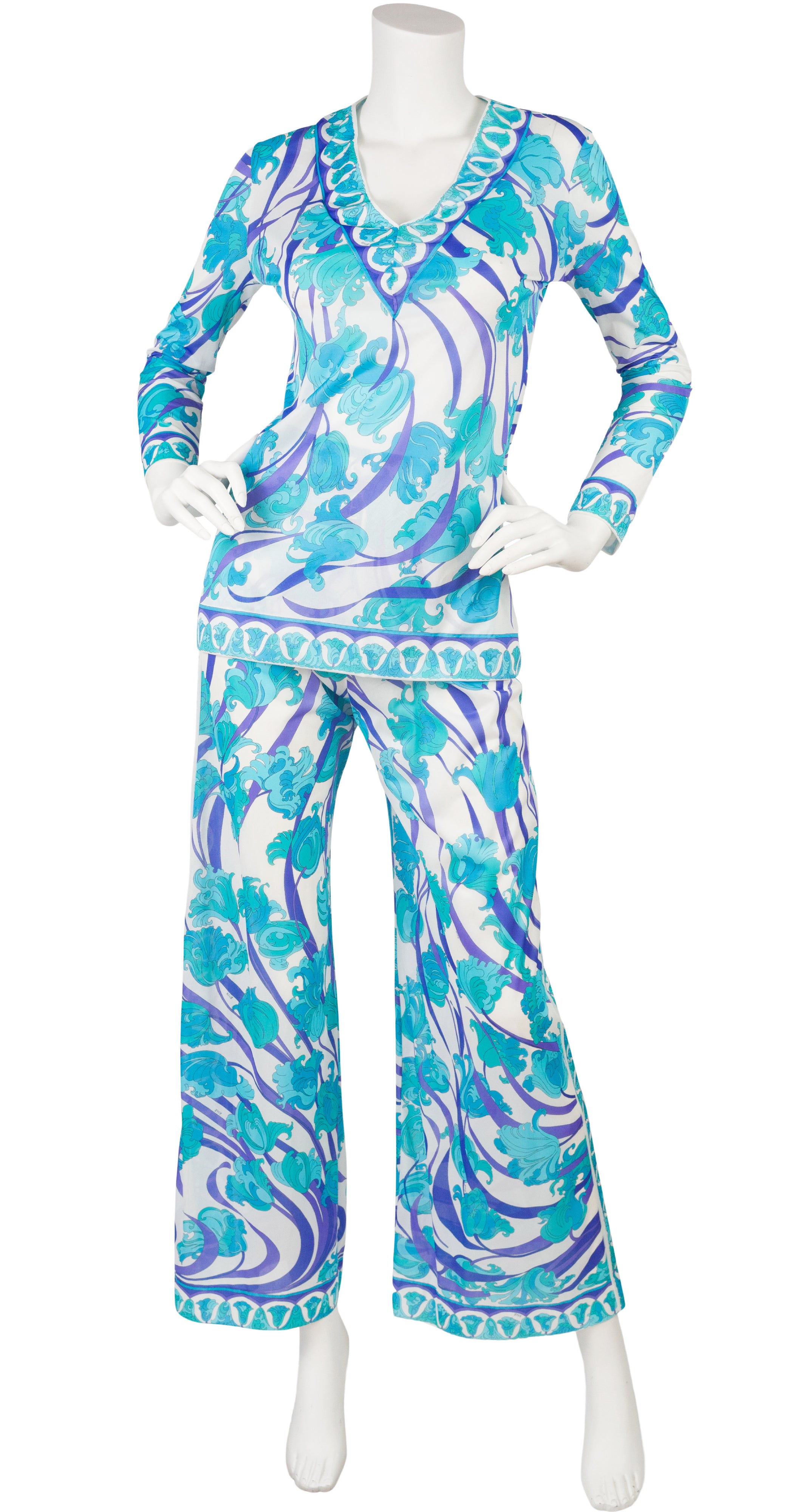 Emilio Pucci Formfit Rogers 1960s Blue Floral Loungewear Pant Set 