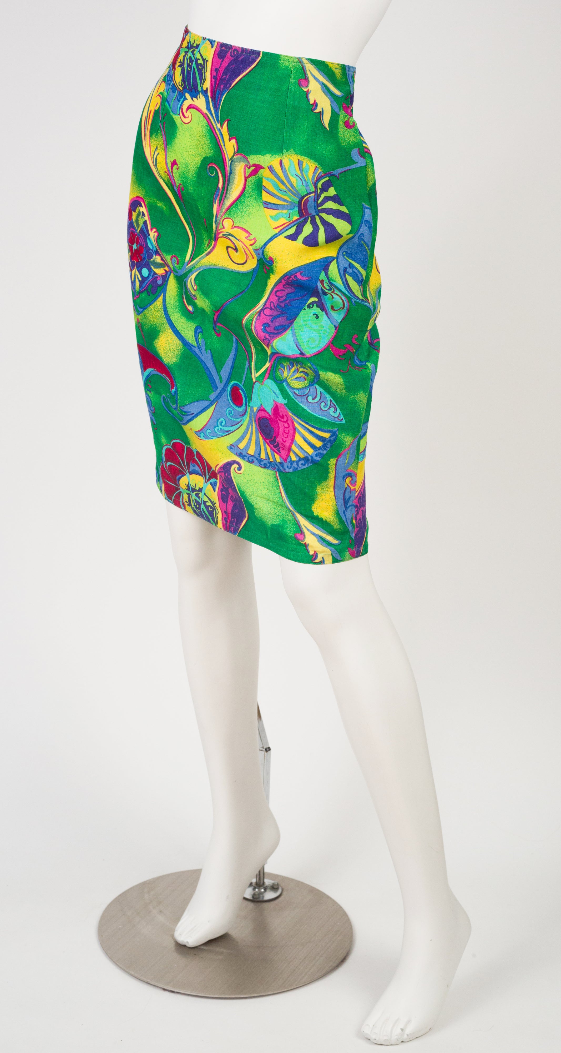1990s Green Linen High-Waisted Pencil Skirt