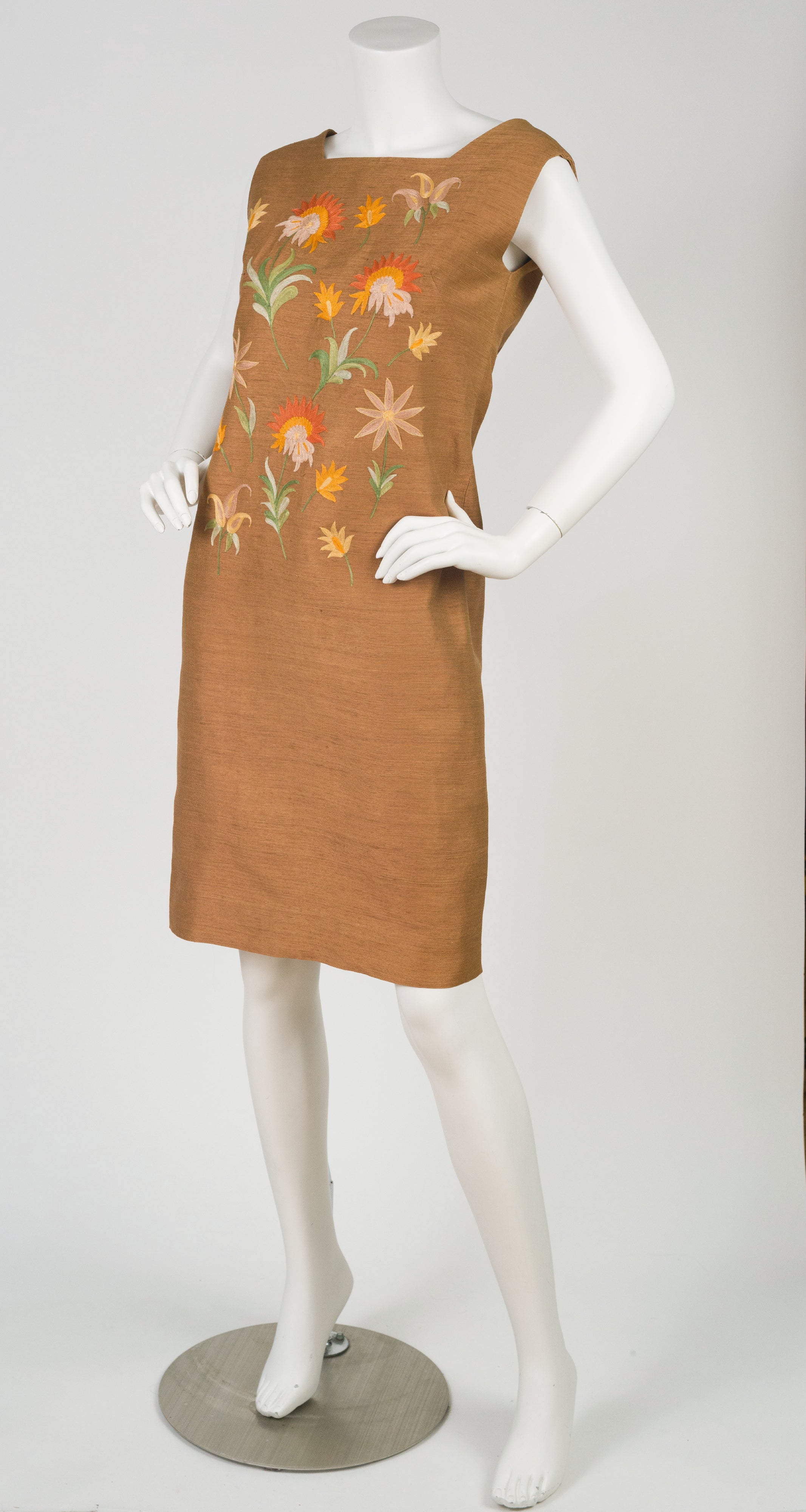 1960s Floral Embroidered Raw Silk Shift Dress