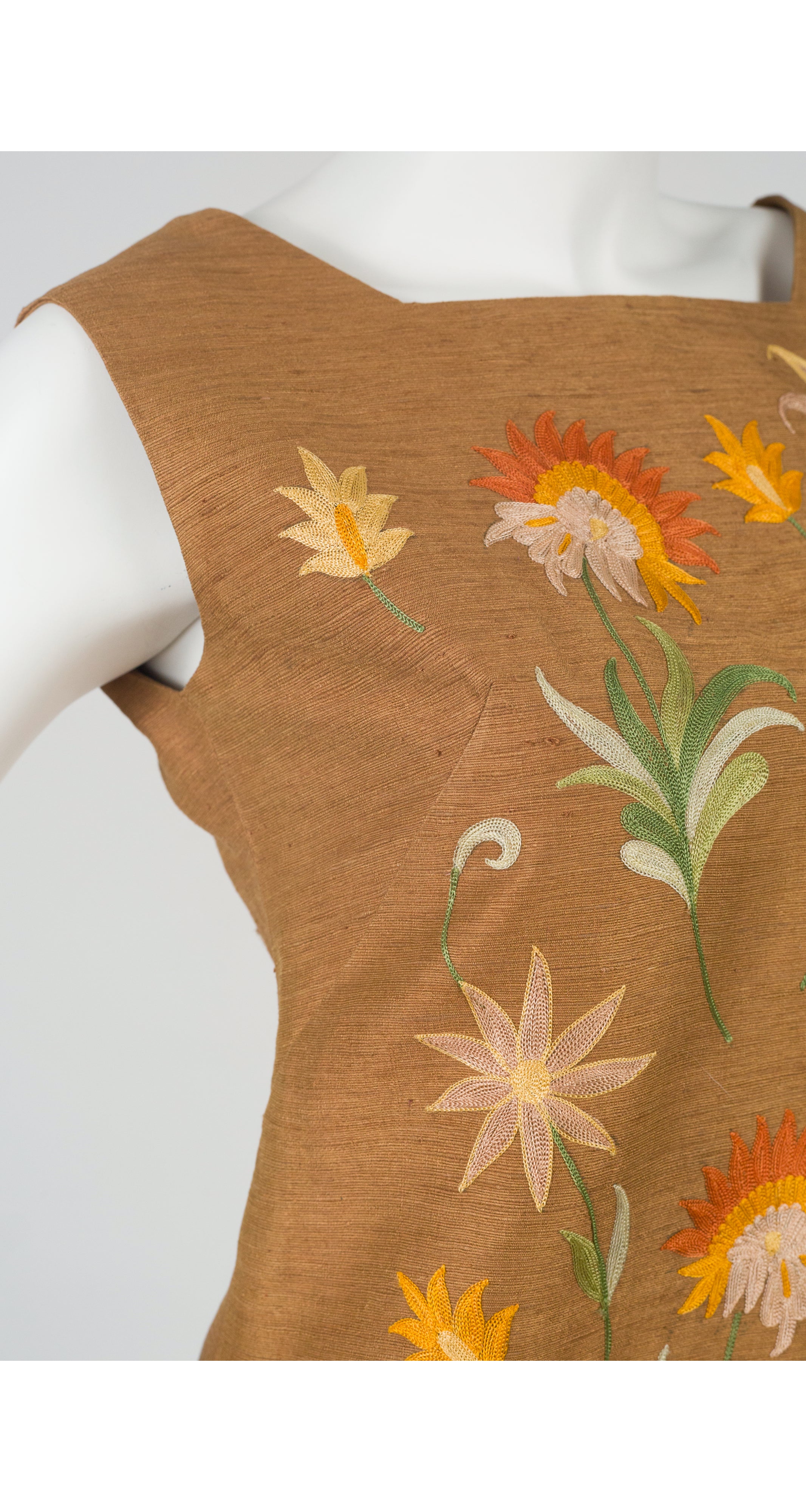 1960s Floral Embroidered Raw Silk Shift Dress