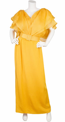 1980s Yellow Silk Ruffle Blouse & Skirt Evening Set