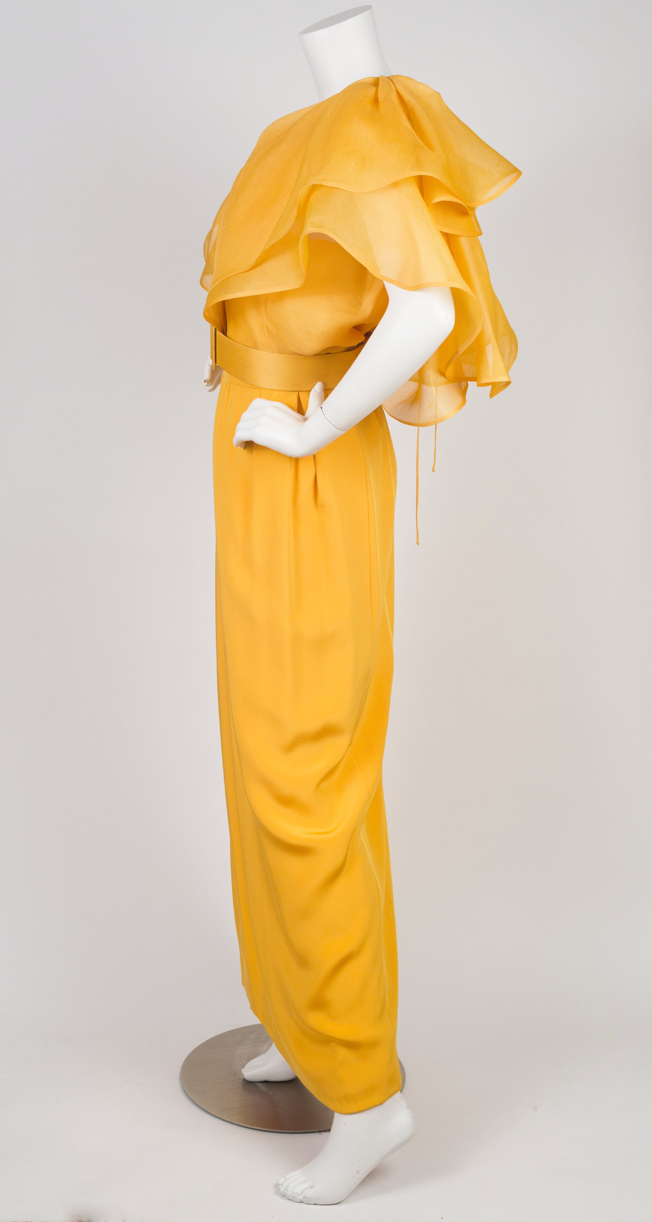 1980s Yellow Silk Ruffle Blouse & Skirt Evening Set