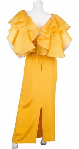 1980s Yellow Silk Ruffle Blouse & Skirt Evening Set