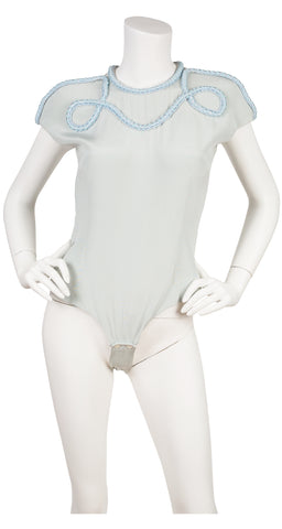 1980s Beaded Cord Pastel Blue Silk Crepe Bodysuit
