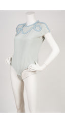 1980s Beaded Cord Pastel Blue Silk Crepe Bodysuit